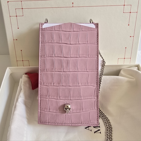 Alexander McQueen Handbags - Alexander McQueen Skull Croc-Embossed Leather Phone-Case-On-Chain Pink